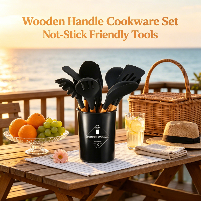 Kitchen Appliances Set - Black Silicone Kitchen Tools 12Pcs Wooden